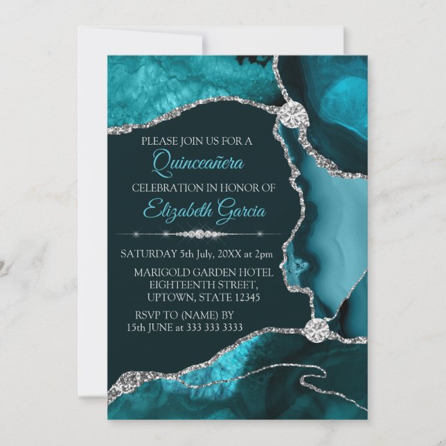 Teal and Silver Glitter Agate Quinceanera Invitation (Front)