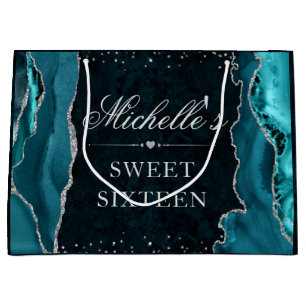 Teal and Silver Glitter Agate Sweet Sixteen Large Gift Bag