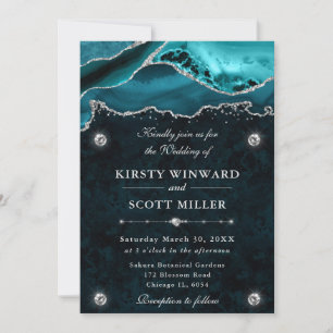 Teal and Silver Glitter Agate Wedding Invitation