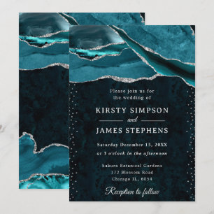 Teal and Silver Glitter Agate Wedding Invitation