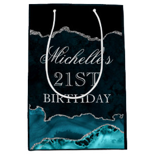 Teal  and Silver Glitter Marble Agate Birthday Medium Gift Bag