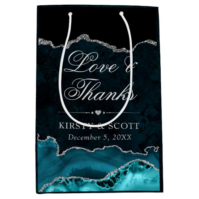 Teal and Silver Glitter Marble Agate Wedding Medium Gift Bag (Front)