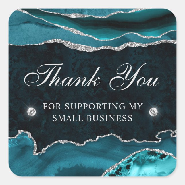Teal and Silver Glitter Marble Small Business Square Sticker (Front)