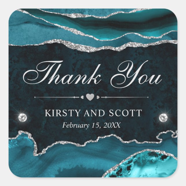 Teal and Silver Glitter Marble Wedding Square Sticker (Front)