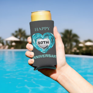 Teal and silver hearts ,50th wedding anniversary seltzer can cooler