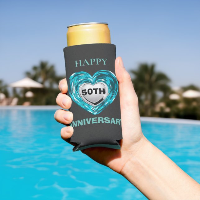 Teal and silver hearts ,50th wedding anniversary seltzer can cooler (In Situ Pool)