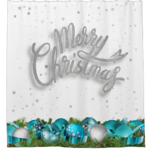 Teal and Silver Merry Christmas Shower Curtain