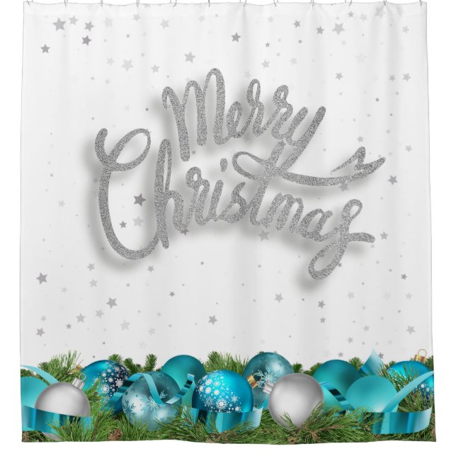 Teal and Silver Merry Christmas Shower Curtain (Front)