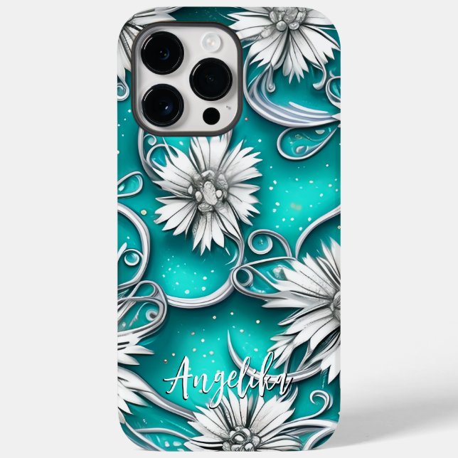 Teal and Silver Modern Abstract Flowers Case-Mate iPhone Case (Back)