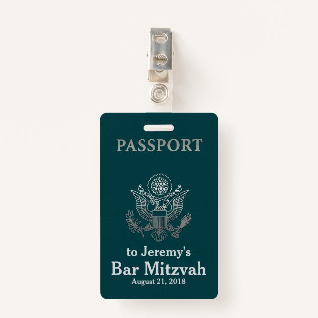 Teal and Silver Passport Bar Mitzvah Party Badge ID Badge (Front with Clip)