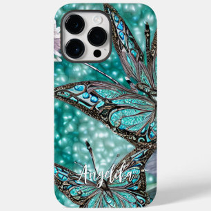 Teal and Silver Personalised Name with Butterfly Case-Mate iPhone 14 Pro Max Case