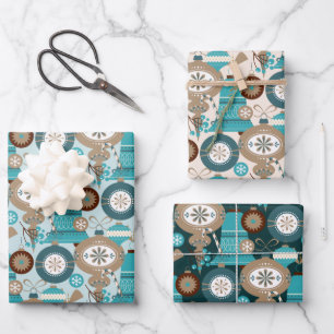 Teal And Tan Christmas Ornaments Wrapping Paper Sheet