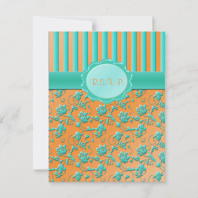 Teal and Tangerine Floral Stripe R.S.V.P. Card (Front)