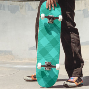 Teal And Turquoise Gingham Plaid Design  Skateboard