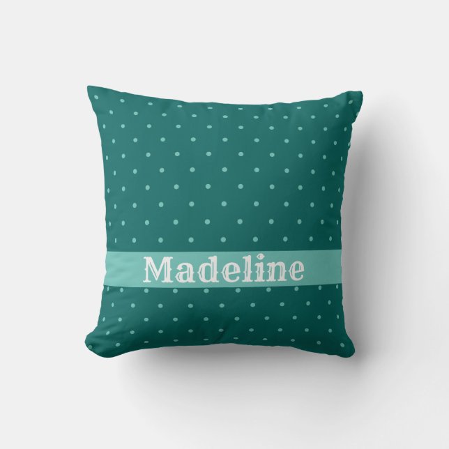 Teal and Turquoise Polka Dots Custom Name Cushion (Front)