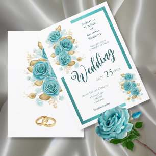 Teal and Turquoise Rose Elegant Wedding  Invitatio Invitation