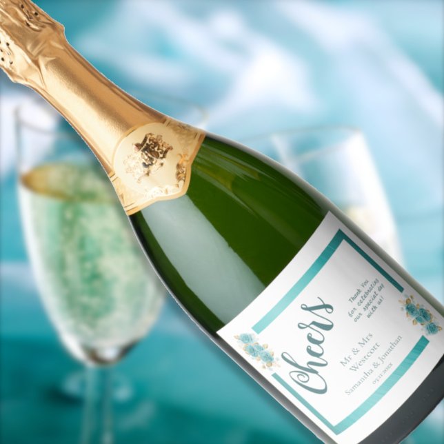 Teal and Turquoise Rose Elegant Wedding Sparkling  Sparkling Wine Label (Creator Uploaded)