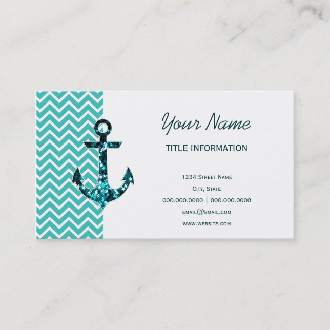 Teal and Turquouise Chevron Nautical Anchor Business Card (Front)
