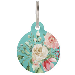 Teal and watercolour floral pet tag