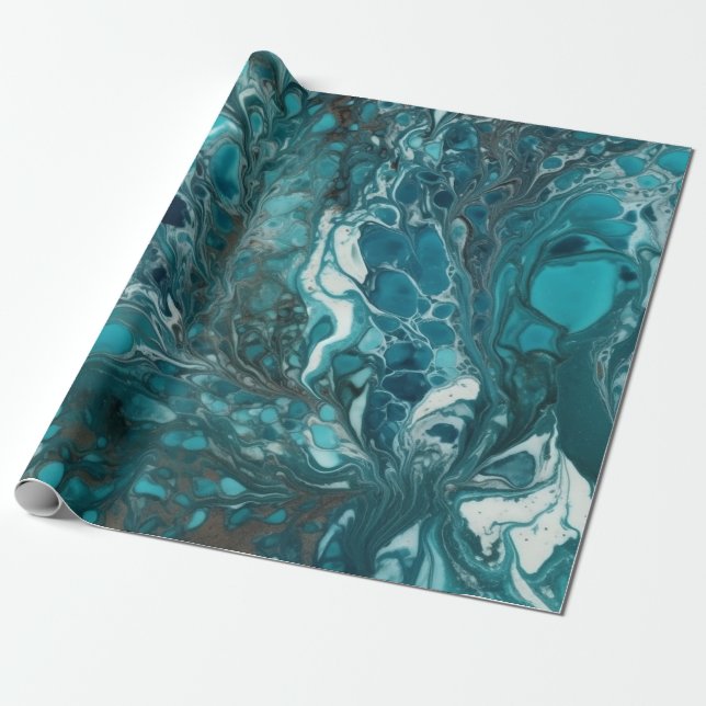 Teal and White Acrylic Pour Seamless Wrapping Paper (Unrolled)