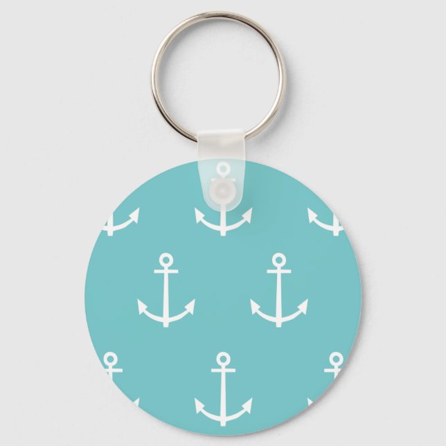Teal and White Anchors Pattern 1 Key Ring (Front)