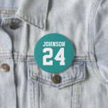Teal and White Athlete Name Jersey Number 7.5 Cm Round Badge<br><div class="desc">Cheer on your favourite sports team, football player or just show off your school pride with a custom personalised spirit button! Add your school name or personalise with a player's name and jersey number. Perfect for football, basketball, baseball and soccer games! Create custom pins for the whole team, cheerleaders, parents...</div>