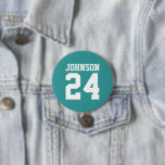 Teal and White Athlete Name Jersey Number 7.5 Cm Round Badge<br><div class="desc">Cheer on your favourite sports team, football player or just show off your school pride with a custom personalised spirit button! Add your school name or personalise with a player's name and jersey number. Perfect for football, basketball, baseball and soccer games! Create custom pins for the whole team, cheerleaders, parents...</div>
