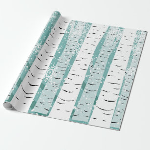 Teal and White Birch Tree in Winter Japanese Art Wrapping Paper