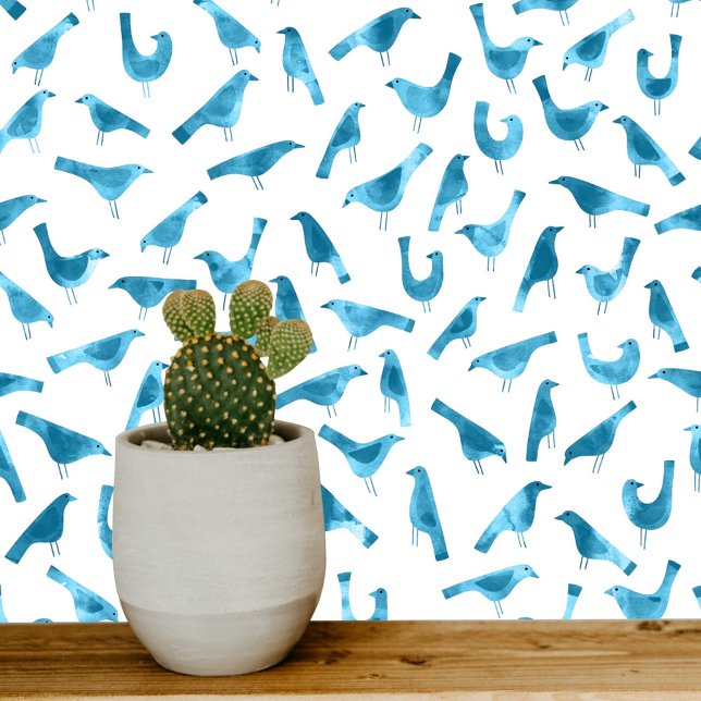 Teal and White Birds Watercolor Art Wallpaper (Teal blue green and white watercolor bird pattern wallpaper)