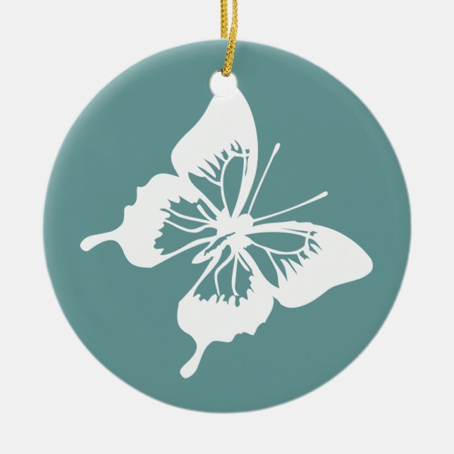 Teal and White Butterfly Ceramic Tree Decoration (Front)