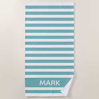 Teal And White Cabana Stripe Personalised Beach Towel