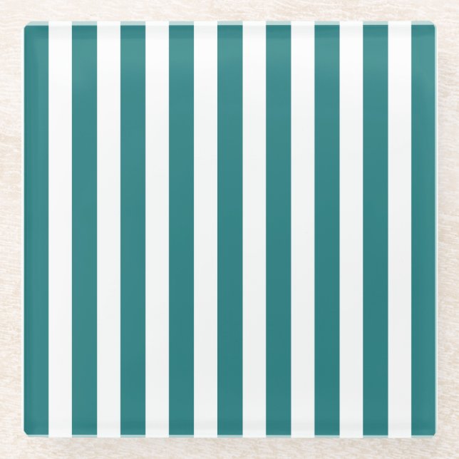 Teal and white candy stripes glass coaster (Front)