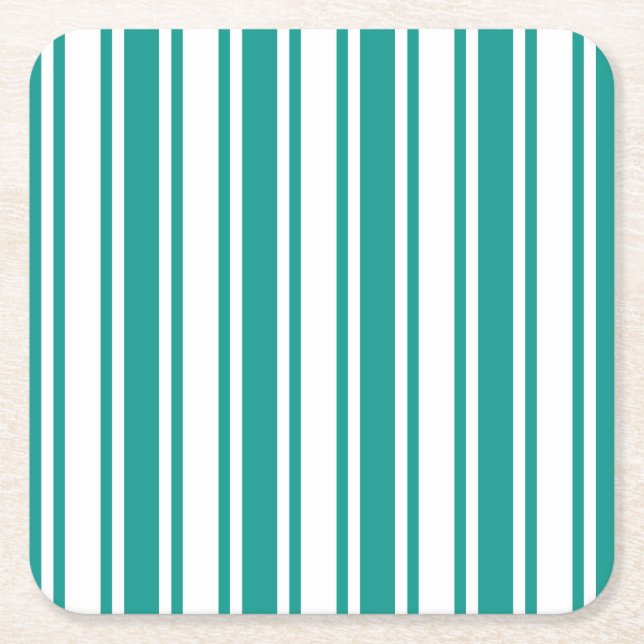 Teal and white candy stripes square paper coaster (Front)