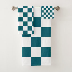 Teal and White Chequered Chess Retro Bath Towel Set
