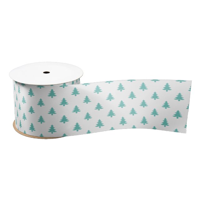 Teal and White Christmas Tree iconic Pattern Satin Ribbon (Spool)