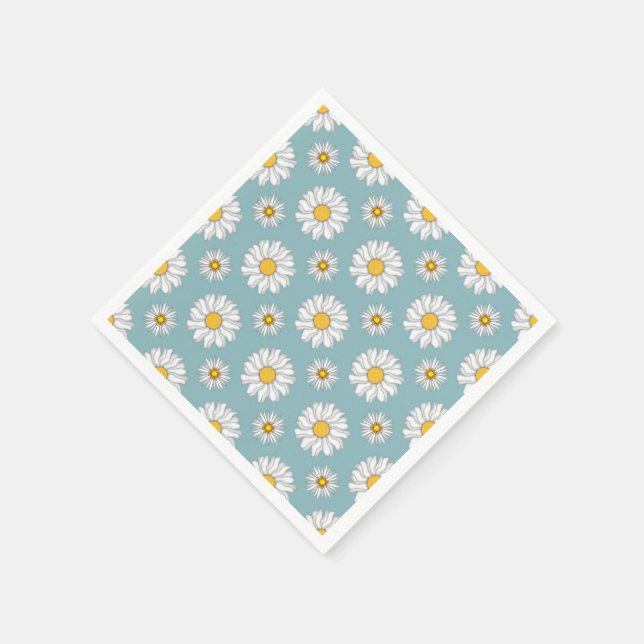 Teal and White Daisy Floral Pattern Paper Napkins (Corner)