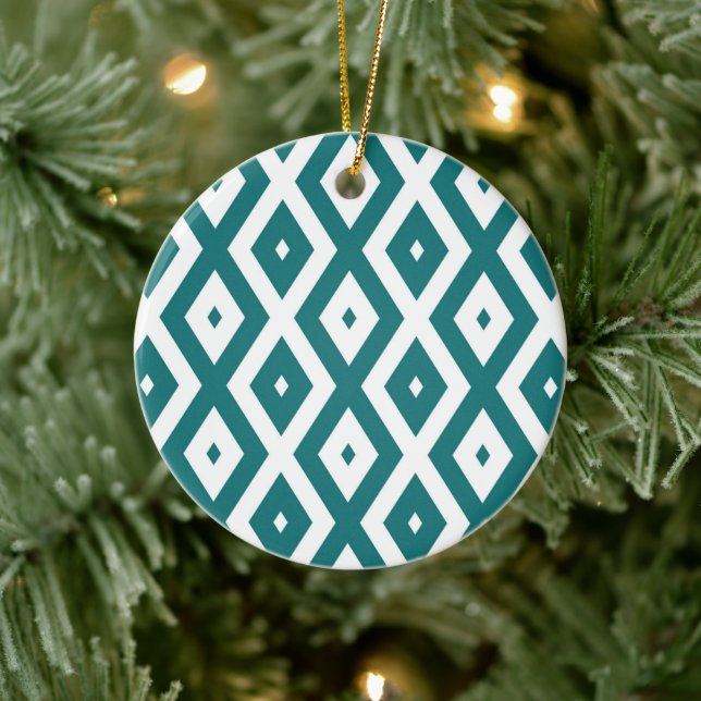 Teal and white diamond pattern ceramic tree decoration (Tree)