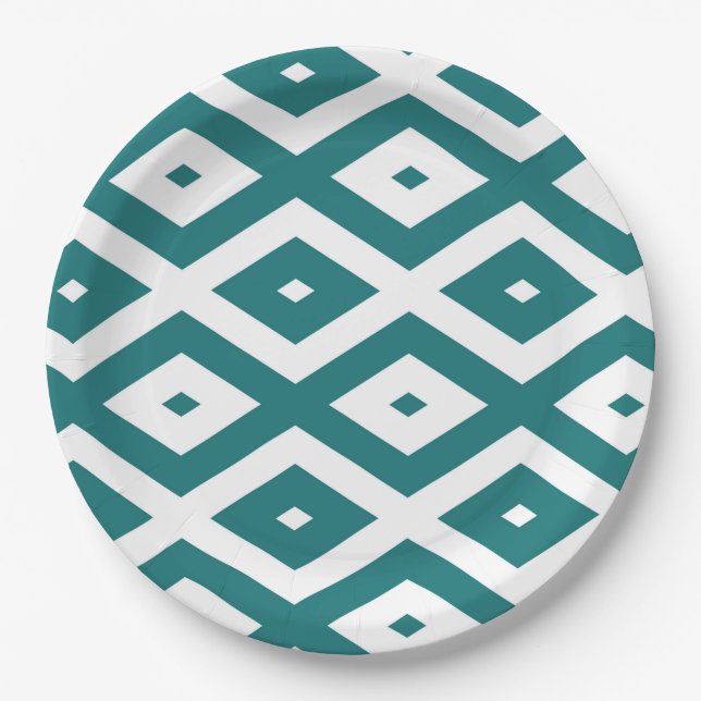 Teal and white diamond pattern paper plate (Front)