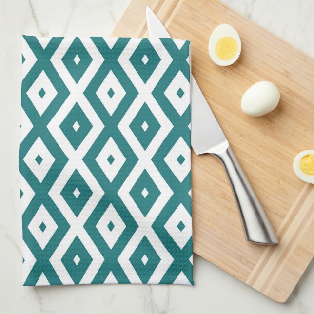 Teal and white diamond pattern tea towel (Quarter Fold)