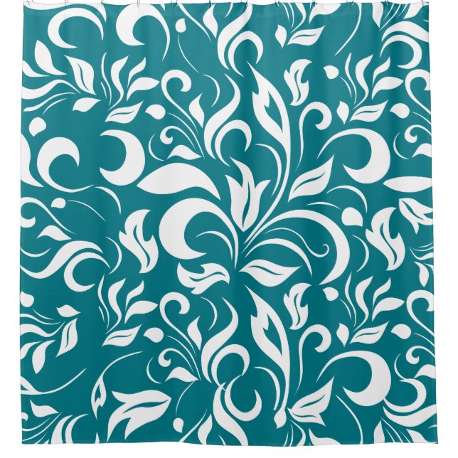 Teal And White Floral Pattern Shower Curtain (Front)