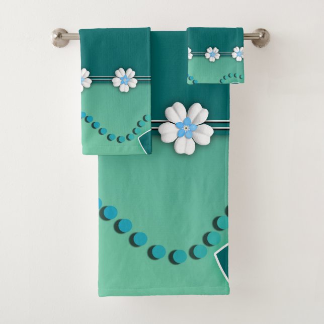 Teal and White Flowers Hearts Bath Towel Set (Insitu)