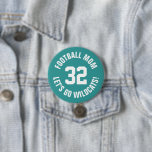 Teal and White Football Mum Jersey Number 7.5 Cm Round Badge<br><div class="desc">Cheer on your favourite sports team, football player or just show off your school pride with a custom personalised spirit button! Add your school name or personalise with a player's name and jersey number. Perfect for football, basketball, baseball and soccer games! Create custom pins for the whole team, cheerleaders, parents...</div>