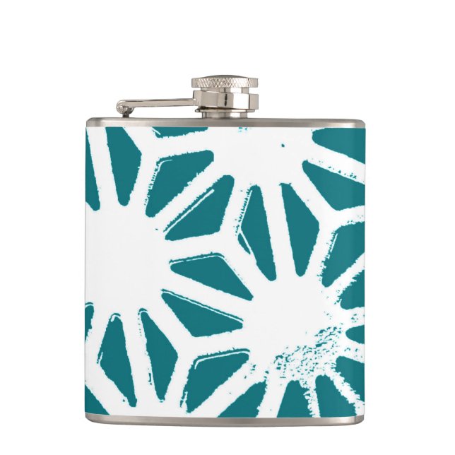 Teal and white geometric pattern hip flask (Front)