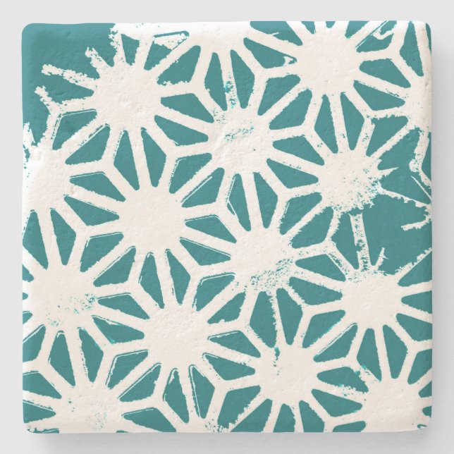 Teal and white geometric pattern stone coaster (Front)