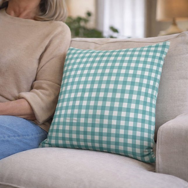 Teal and White Gingham Pattern Cushion (A throw pillow with a teal and white gingham pattern)