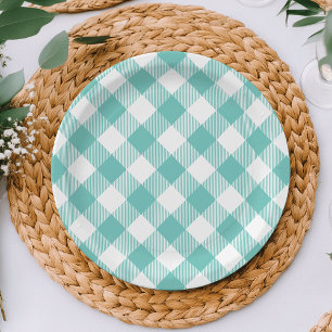 Teal and White Gingham Plaid Paper Plate