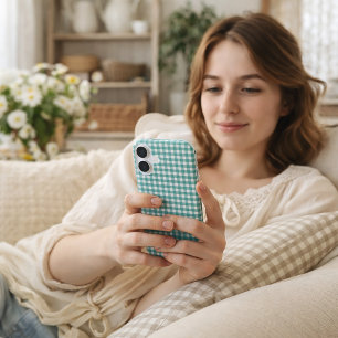 Teal and White Gingham Plaid Pattern iPhone 16 Case