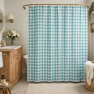 Teal and White Gingham Plaid Pattern Cottagecore  Shower Curtain