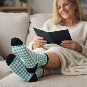 Teal and White Gingham Plaid Pattern Minimal Socks