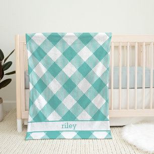 Teal and White Gingham Plaid Personalised Fleece Blanket